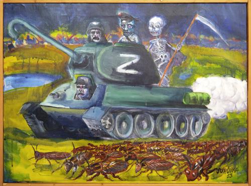 Čtyři z tanku a smrt, acrylic on canvas, 60×80 cm, 2023